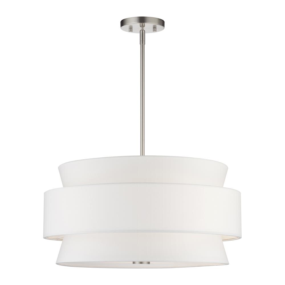 5 Light Brushed Nickel Pendant Chandelier with Hand Crafted Off-White Fabric Hardback Shades