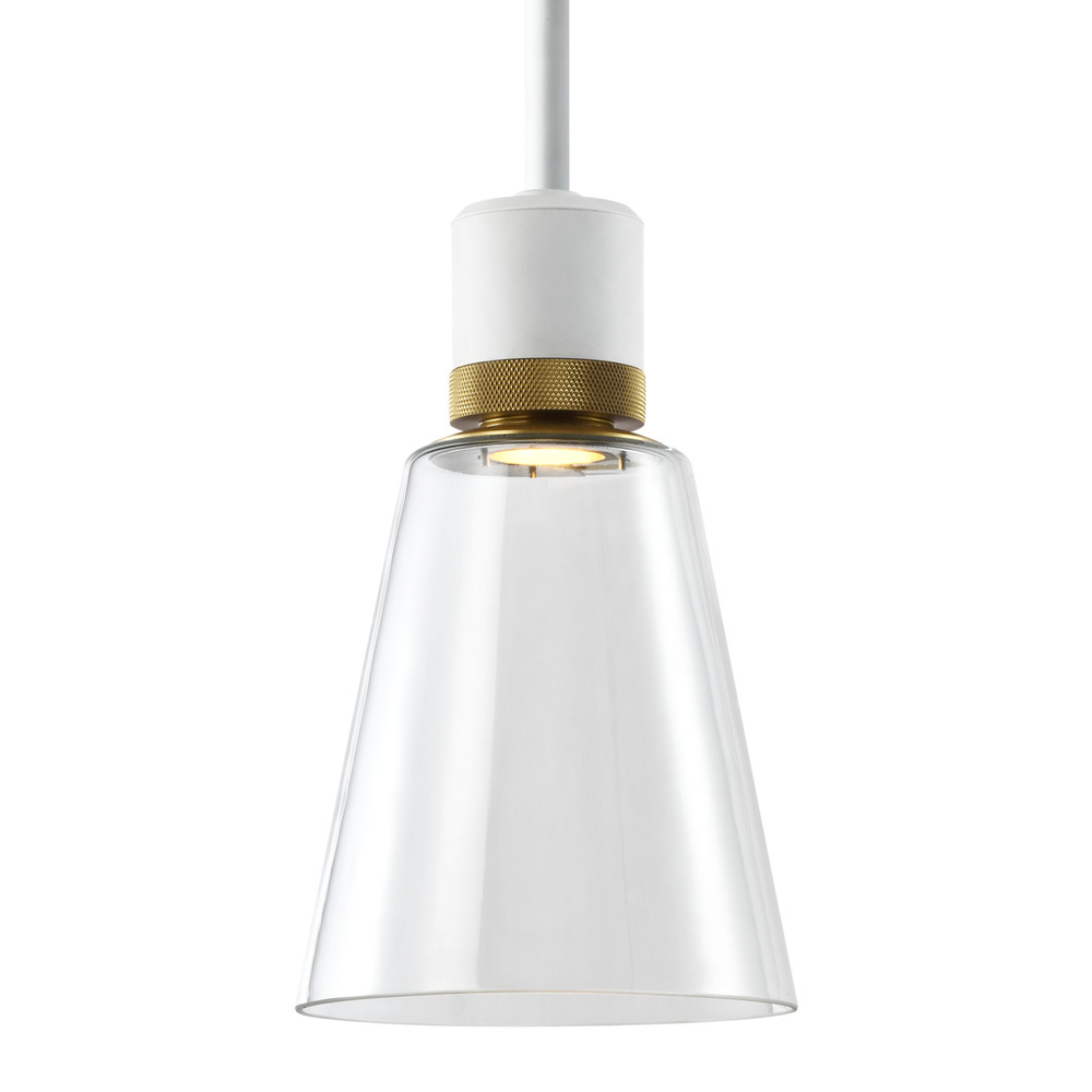 7" LED 3CCT Clear Bell Glass Pendant Light, Matte White with Brass Metal Finish