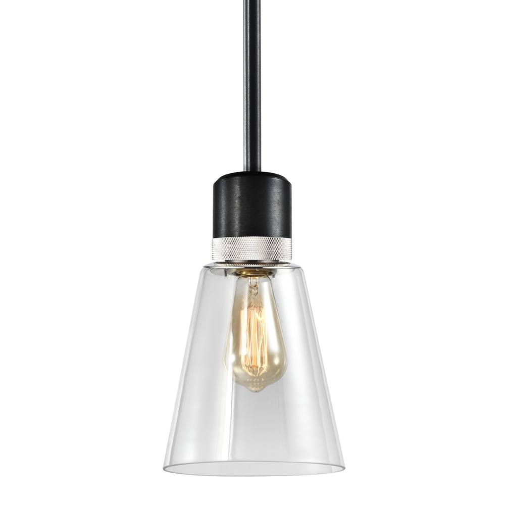 7" E26 Clear Bell Glass Pendant Light, Satin Brushed Black with Nickel Metal Finish