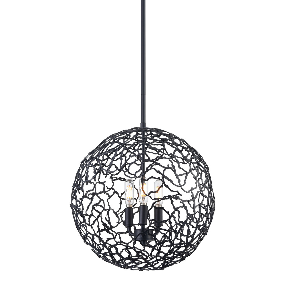 3-Light 14" Organic Matte Black Metal Globe Pendant