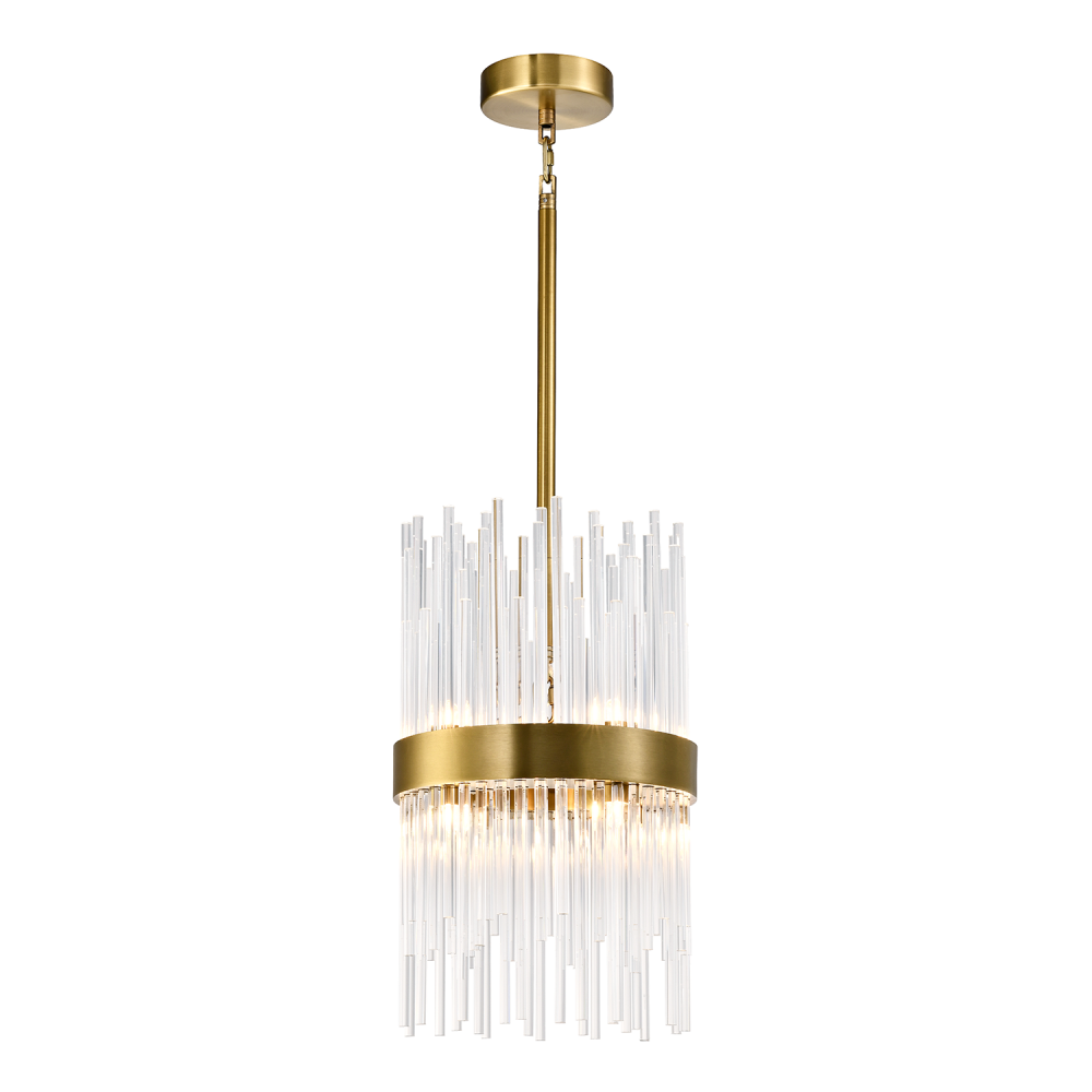 8-Light 10" Sleek Aged Brass Banded Cylindrical Crystal Pendant