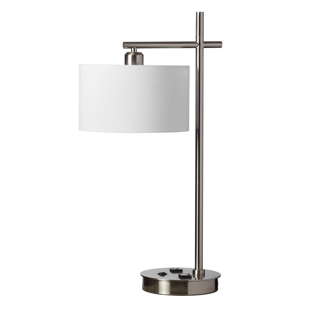 1 Light Incandescent Table Lamp with USB Port and Receptacle, Satin Chrome Finish