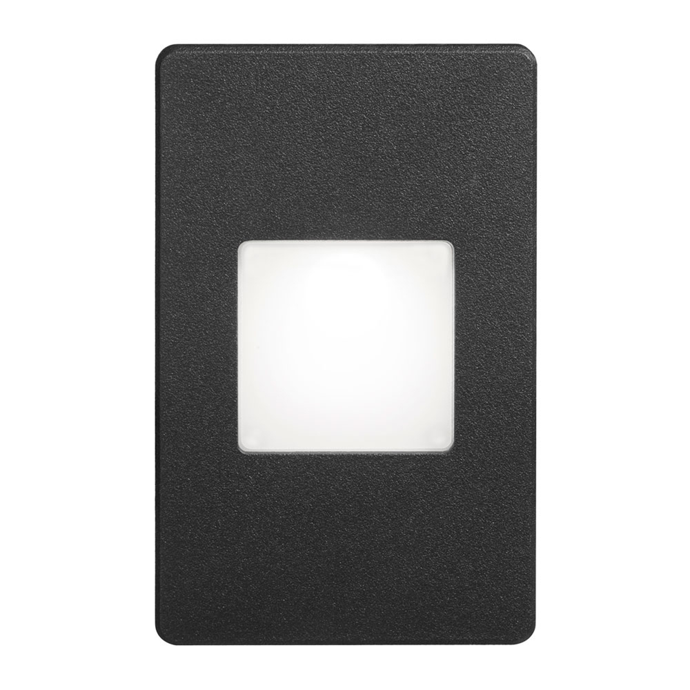 120VAC input, L125mmxW78mmxH37mm, 2700K, 3.3W IP65, Black Wall LED Light with White Lens.